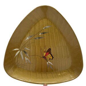 Vintage Japanese Lacquerware Gold Triangle Tray With Bamboo & Butterfly Design